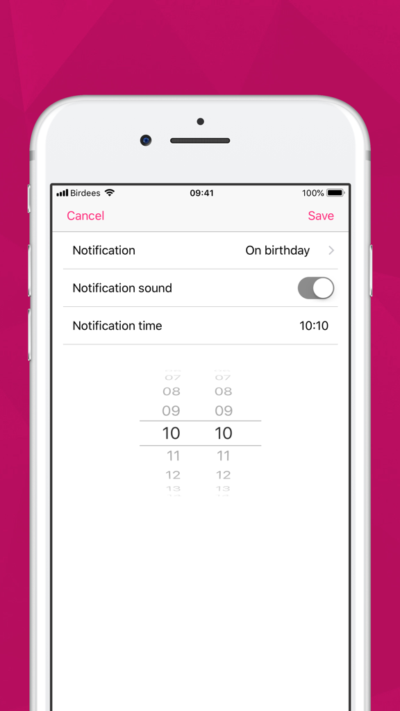 Birdees - Birthday Reminder - Birthday notification settings interface in the Birdees app showing options for alert time and sound.