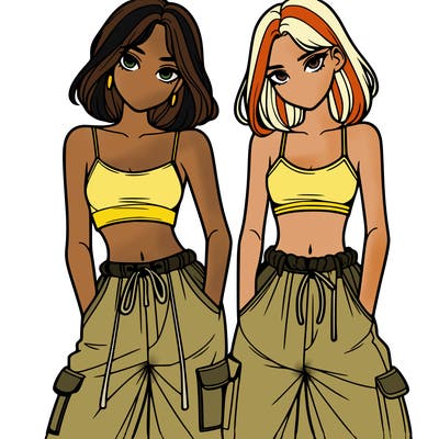 two girls with crop top with baggy pants