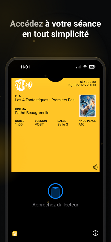La aplicación Pathé France muestra una entrada de cine digital con detalles de la película y una indicación de entrada sin contacto en un smartphone