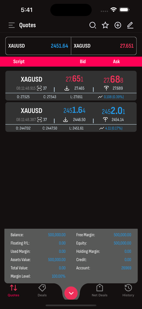 BBCorp iTrader - A professional trading interface showing live quotes for XAUUSD and XAGUSD with account balance details.