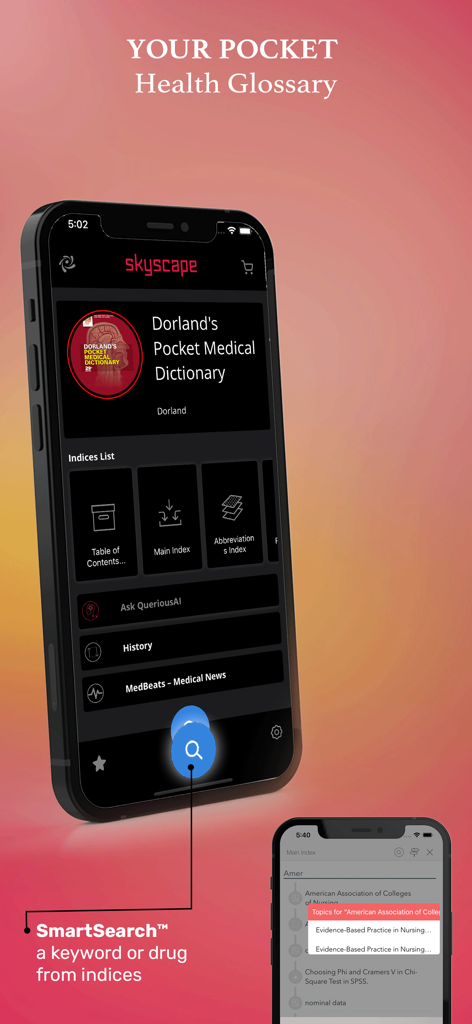 Dorland Pkt Medical Dictionary - Dorlands Pocket Medical Dictionary app interface showing search and index options on an iPhone