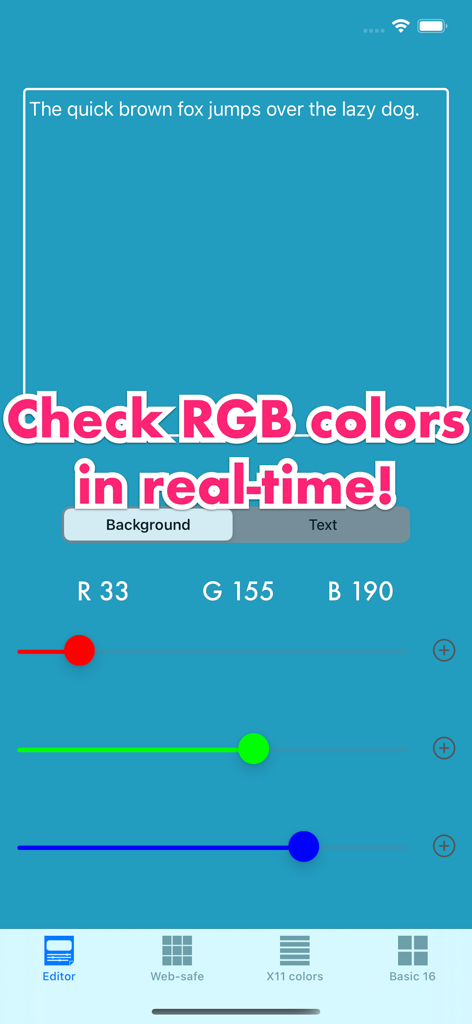 RGB checker app interface with color sliders and text preview