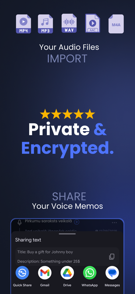 Voice Memo: Braindump - Interface of the Voice Memo Braindump app showing audio file import options, private encryption status, and quick sharing features.