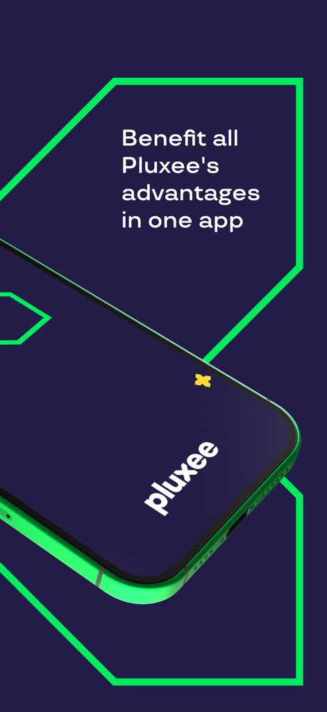 Pluxee - Pluxeeアプリのロゴと「1つのアプリですべてのPluxeeの利点を享受」というテキストが表示されたスマートフォン