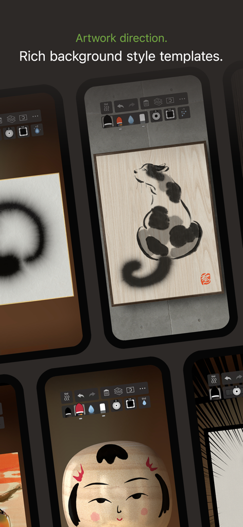 Zen Brush 3 - Collection of screens showing various background style templates for ink paintings in Zen Brush 3