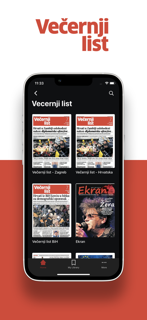 Večernji list e-novine - A smartphone displaying the library of the Vecernji list digital newspaper app with various editions and magazines.
