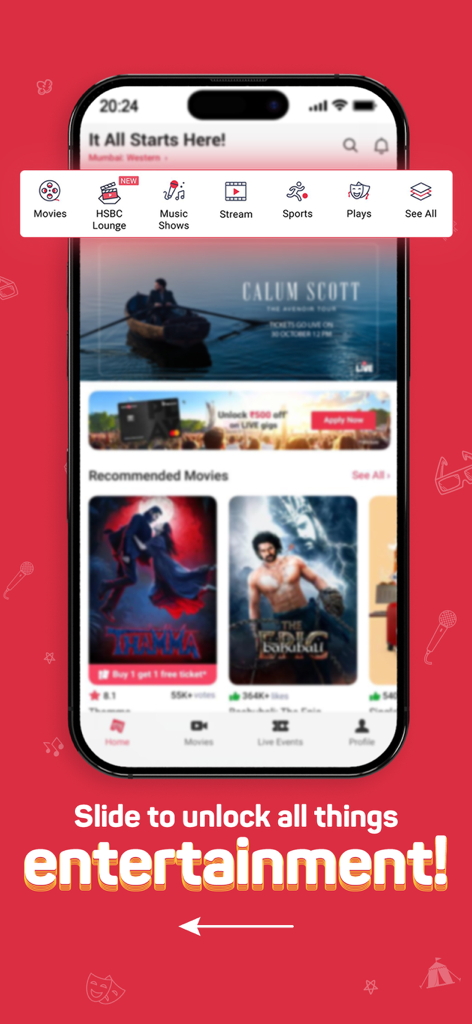 Startbildschirm der BookMyShow-App mit Filmempfehlungen und Veranstaltungskategorien wie Sport und Musik