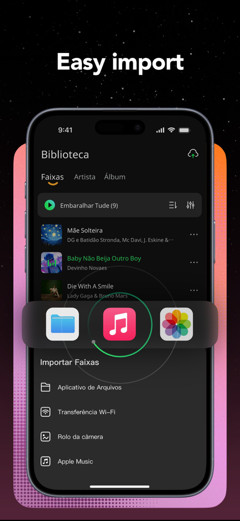 Offline Music Player & MP3 AAC - Interface showing multiple ways to import music including Wi-Fi and files app