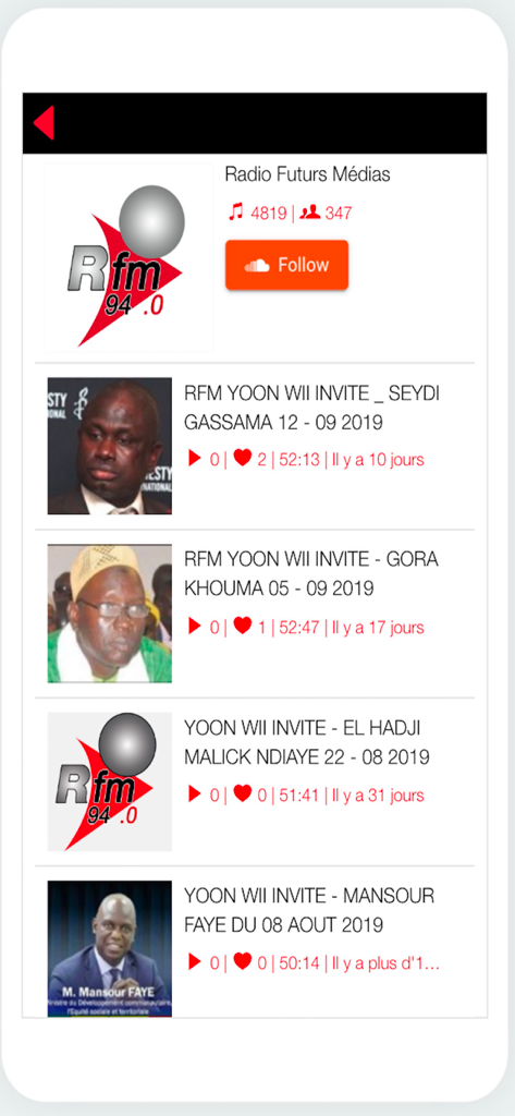 RFM Radio Senegal app screen displaying a list of Yoon Wii podcast episodes