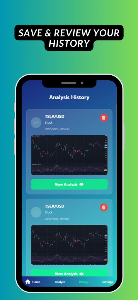 iTrade - AI Trading Assistant - A mobile app screen displaying a list of saved stock chart analyses in the iTrade AI Trading Assistant history tab.