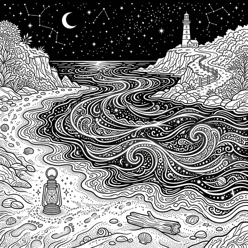 Discover the mesmerizing beauty of a bioluminescent beach at night with this unique coloring page. Featuring intricate wave patterns, a starry sky, and a serene lighthouse, it offers a captivating escape for all ages.