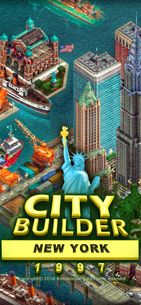 City Builder - NewYork - City Builder New York 1997 game splash screen featuring the Statue of Liberty and retro skyline