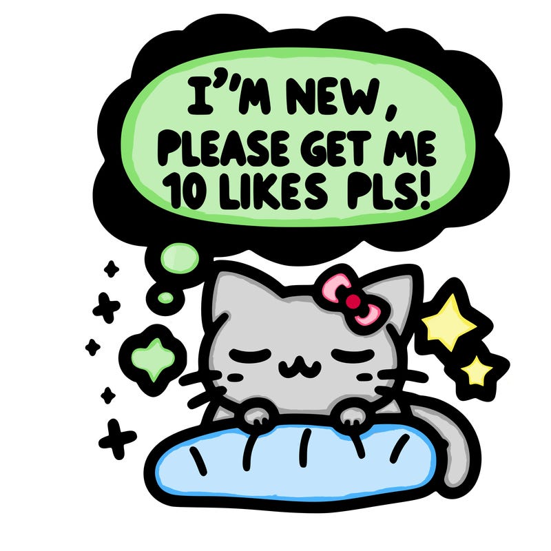 kitty taking a nap dream talking and saying "i'm new, please get me at least 10 likes pls!!"