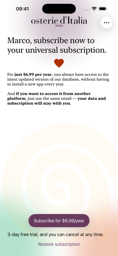 Abonnementbildschirm der Osterie d Italia App, der einen Jahresplan für sechs Dollar neunundneunzig mit einer dreitägigen kostenlosen Testversion zeigt.