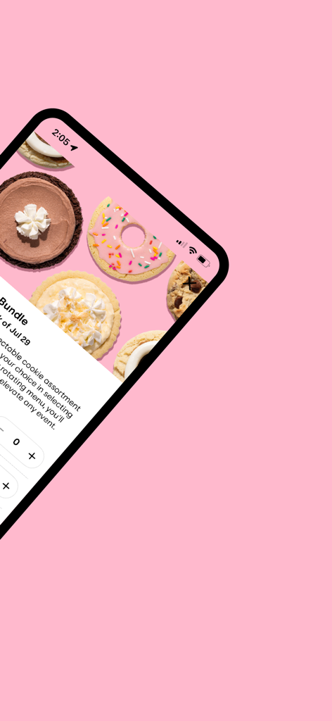 Crumbl app interface displaying a selection of gourmet cookies from the weekly rotating menu.