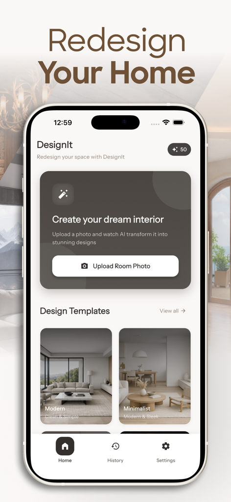 AI Interior Design - DesignIt - Pantalla de inicio de la aplicación de Diseño de Interiores con IA con opciones para subir fotos y elegir estilos de diseño.