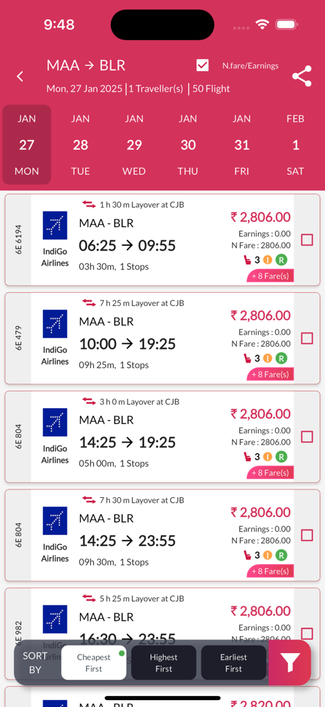 Riya Connect For Travel Agents - Resultados de búsqueda de vuelos para agentes de viajes en la aplicación Riya Connect