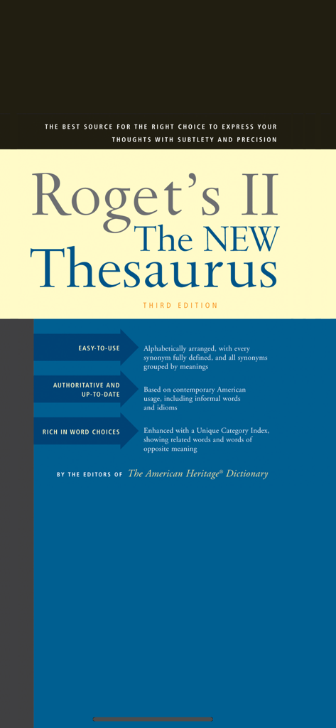 Roget's II: New Thesaurus - Digital cover of Roget's II New Thesaurus app showing its features and edition information
