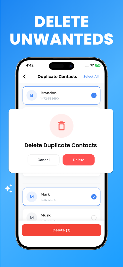 Interface do aplicativo Clean My Phone mostrando um prompt para excluir contatos duplicados da agenda de um iPhone
