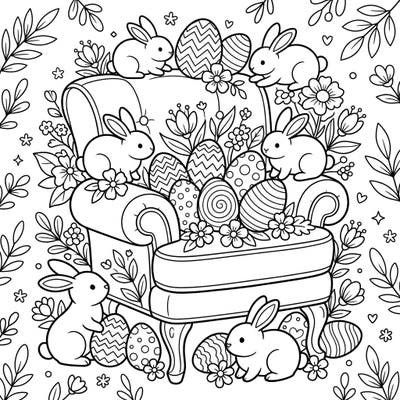 Discover the perfect blend of cozy charm and festive cheer with this delightful Easter accent chair coloring page. Adorned with playful bunnies, beautifully patterned eggs, and fresh spring flowers, it's a joyful scene waiting for your creative touch.