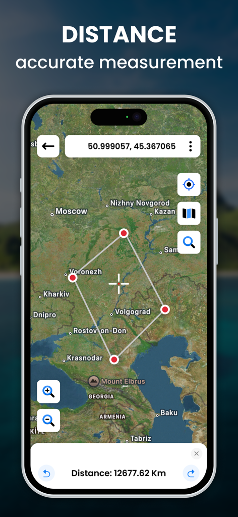 GPS Map Coordinates Locations - GPS app interface displaying distance measurement on a satellite map with coordinates