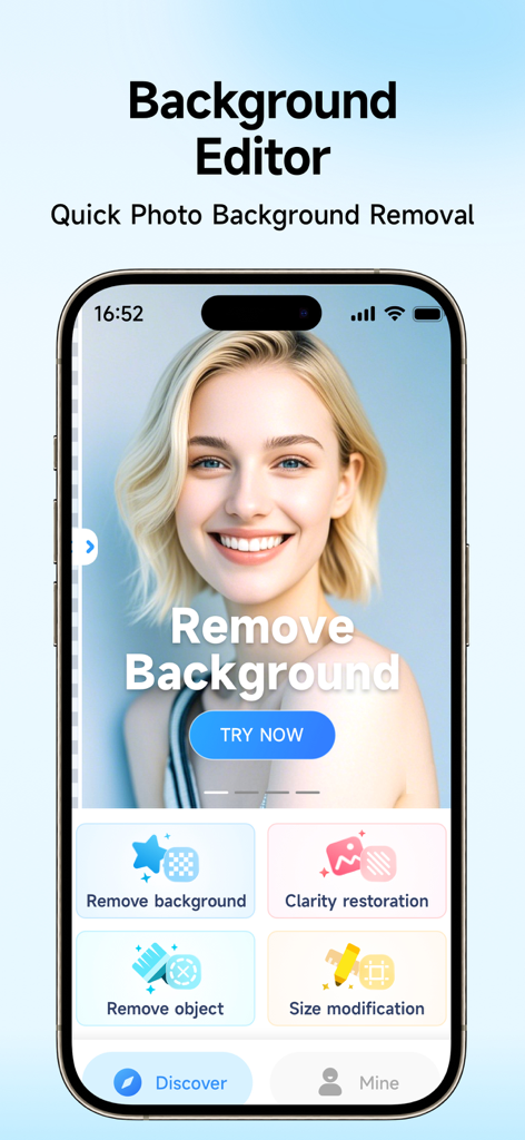 Background Remover - Erase BG - 背景除去アプリのモバイルアプリインターフェイス。ポートレート写真と背景除去およびオブジェクト除去オプションが表示されています。