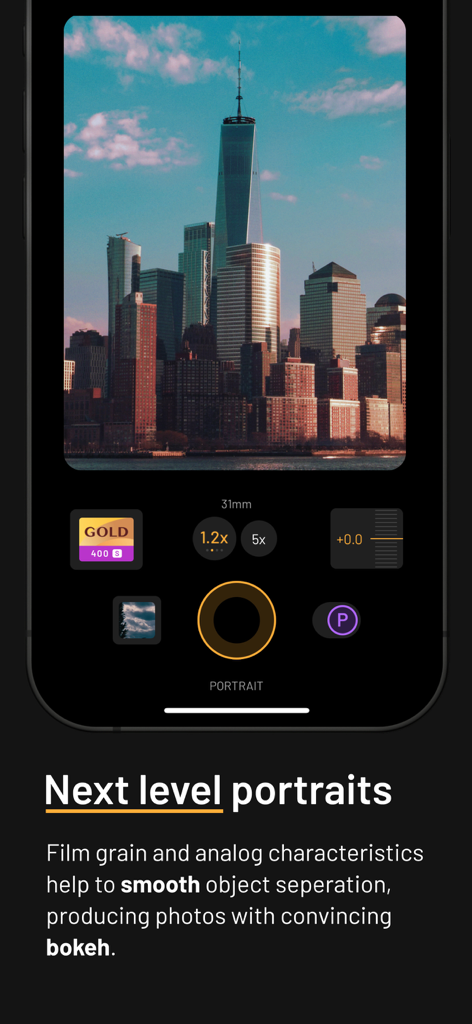 mood.camera - Interface of the mood camera app showing portrait mode with a film style photo of skyscrapers
