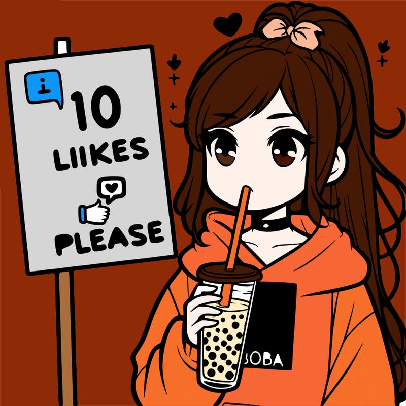 girl with a high ponytail and a hoodie drinking boba staring at a sign saying 10 likes please