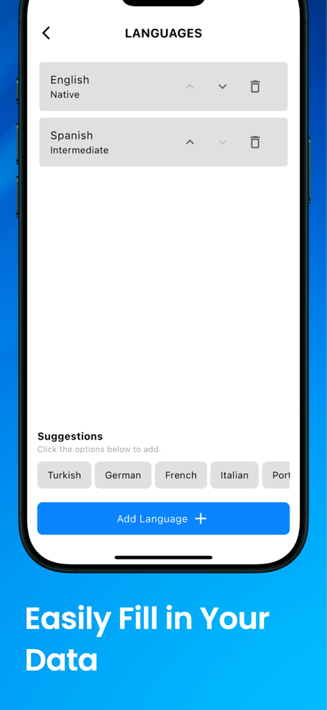 Oberfläche zur Eingabe von Sprachkenntnissen in einen Lebenslauf in der CV-Builder-App