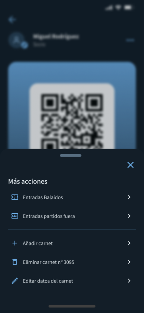 Celta App - Celta App Menü mit Optionen zur Verwaltung von Spieltickets und Mitgliedskarten