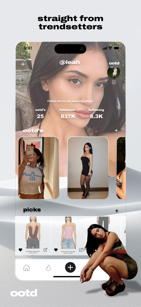 A profile screen in the OOTD app featuring a fashion trendsetter with outfit photos and curated clothing picks