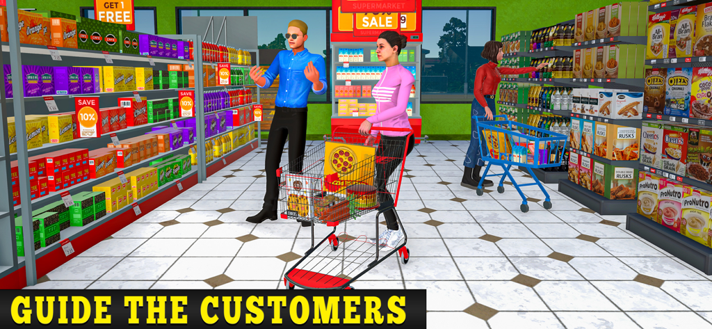 3D supermarket simulation showing customers with shopping carts in well-stocked aisles