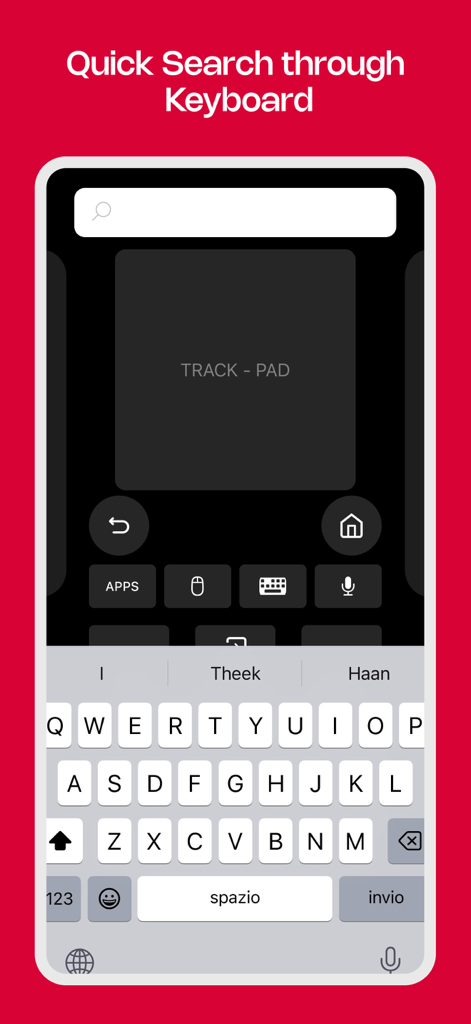 TV Remote Control. - Interfaz de aplicación de control remoto de Smart TV que muestra un teclado virtual para una funcionalidad de búsqueda rápida