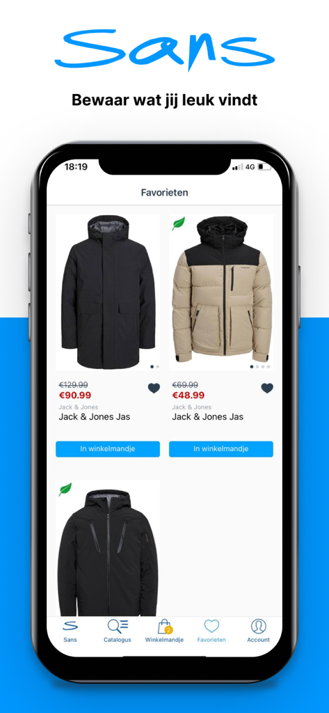 A smartphone displaying the favorites page of the Sans-online shopping app with Jack and Jones jackets.