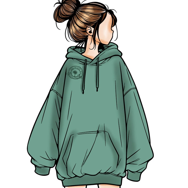 realistic girl with a oversized sweatshirt on and a bun