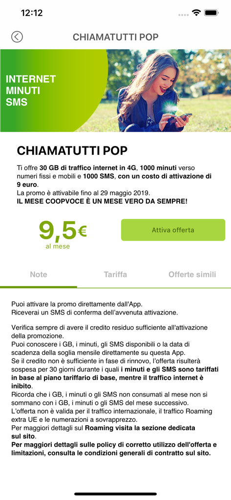 Interfaz de la app CoopVoce mostrando los detalles y el precio del plan móvil Chiamatutti Pop