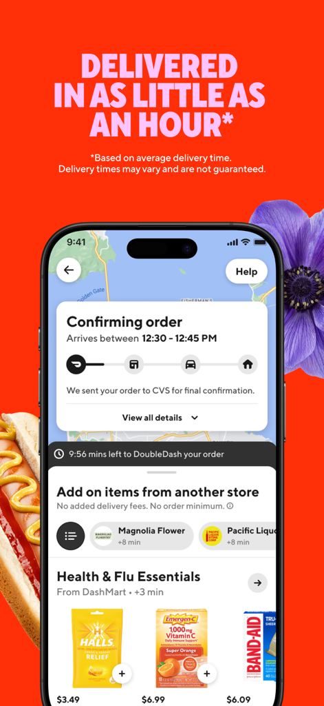 DoorDash: Food, Grocery, More - DoorDash App-Oberfläche, die die Echtzeit-Lieferverfolgung und die Option zum Hinzufügen weiterer Artikel von anderen Geschäften wie CVS oder DashMart zeigt.