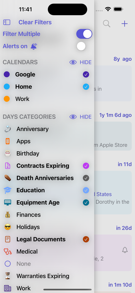 days - Sidebar menu in the days app showing options to filter by calendar types and event categories like education and legal documents.