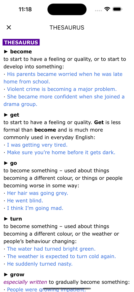 English Dictionary - LDOCE 6th - English Dictionary LDOCE 6th app thesaurus screen showing synonyms for the word become