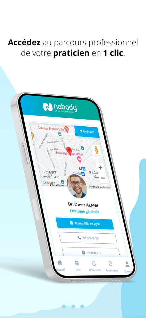 Nabady - Smartphone screen showing a doctor profile with a map and booking button on the Nabady app.