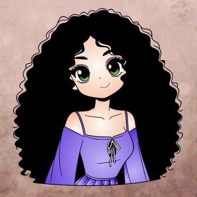 a black anime girl with long afro hair