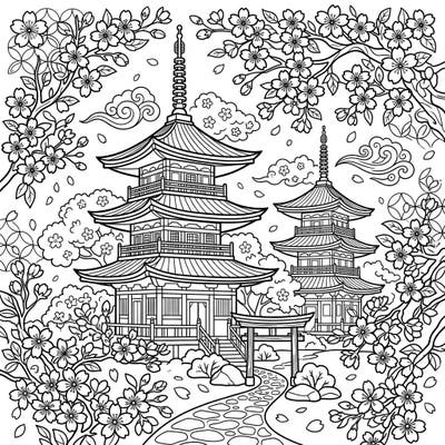 Step into a serene Japanese landscape with this stunning coloring page featuring graceful pagodas enveloped by delicate cherry blossoms. Discover a world of intricate details and peaceful beauty awaiting your artistic touch.