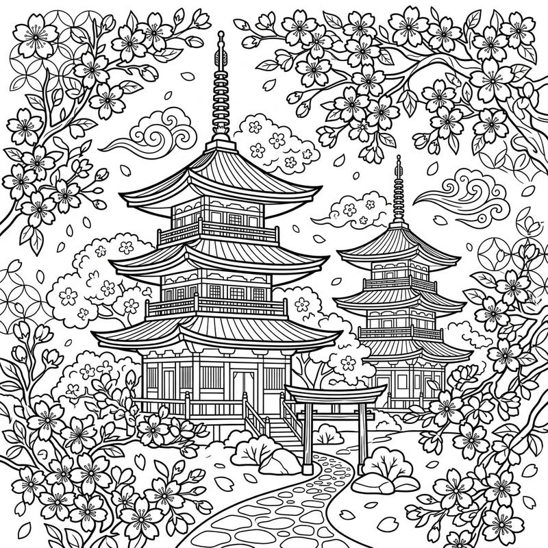 Step into a serene Japanese landscape with this stunning coloring page featuring graceful pagodas enveloped by delicate cherry blossoms. Discover a world of intricate details and peaceful beauty awaiting your artistic touch.