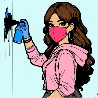 realistic girl with mask spray painting a wall