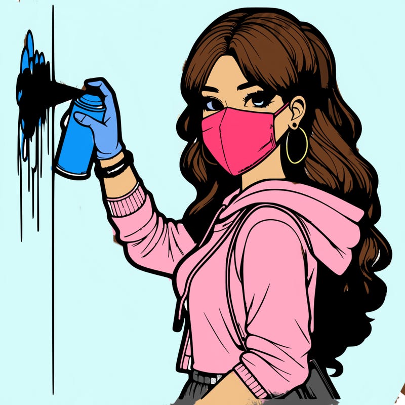 realistic girl with mask spray painting a wall