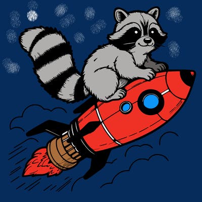 realistic raccoon flying on top rocket ship