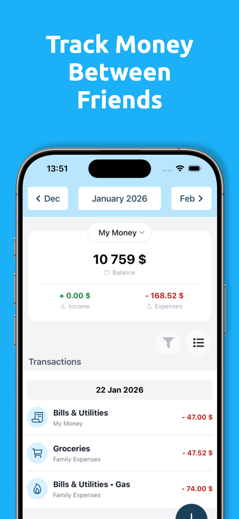 YA Money Tracker - YA Money Tracker mobile app interface showing a total balance and a list of categorized transactions for bills and groceries