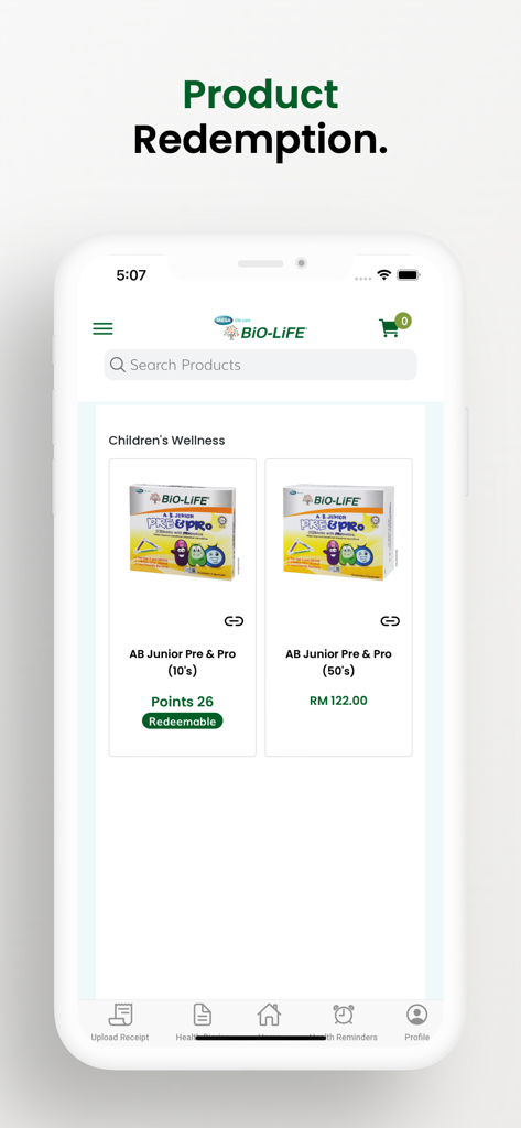 BiO-LiFE - BiO-LiFE app screen showing product redemption options and loyalty points for health supplements