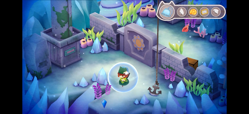 Escape game:Stray Cat Doors 3 - Un pequeño personaje en una burbuja explora un nivel submarino azul y helado en Stray Cat Doors 3.