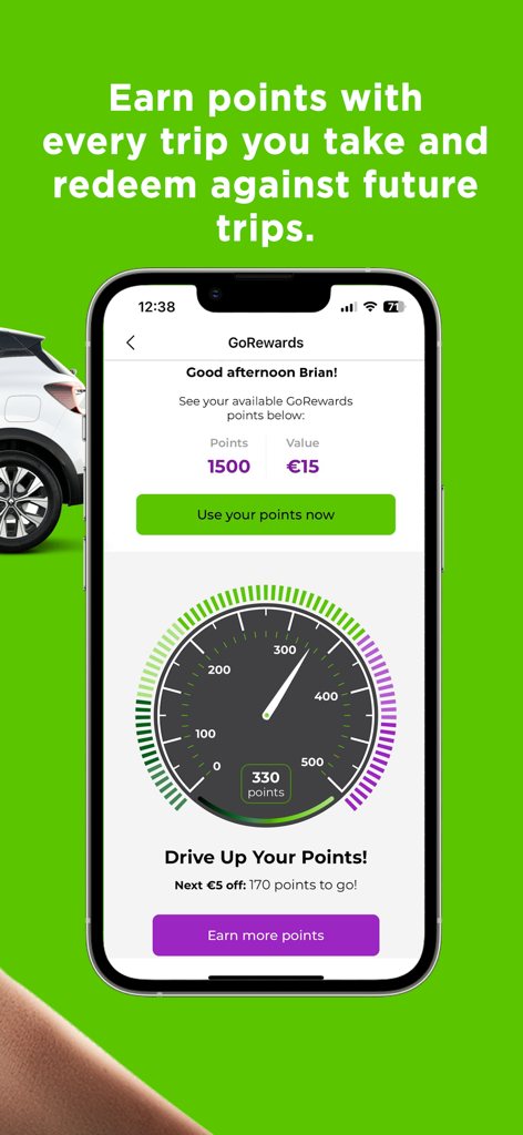 GoCar app screen showing the GoRewards loyalty program with points balance and redemption options.